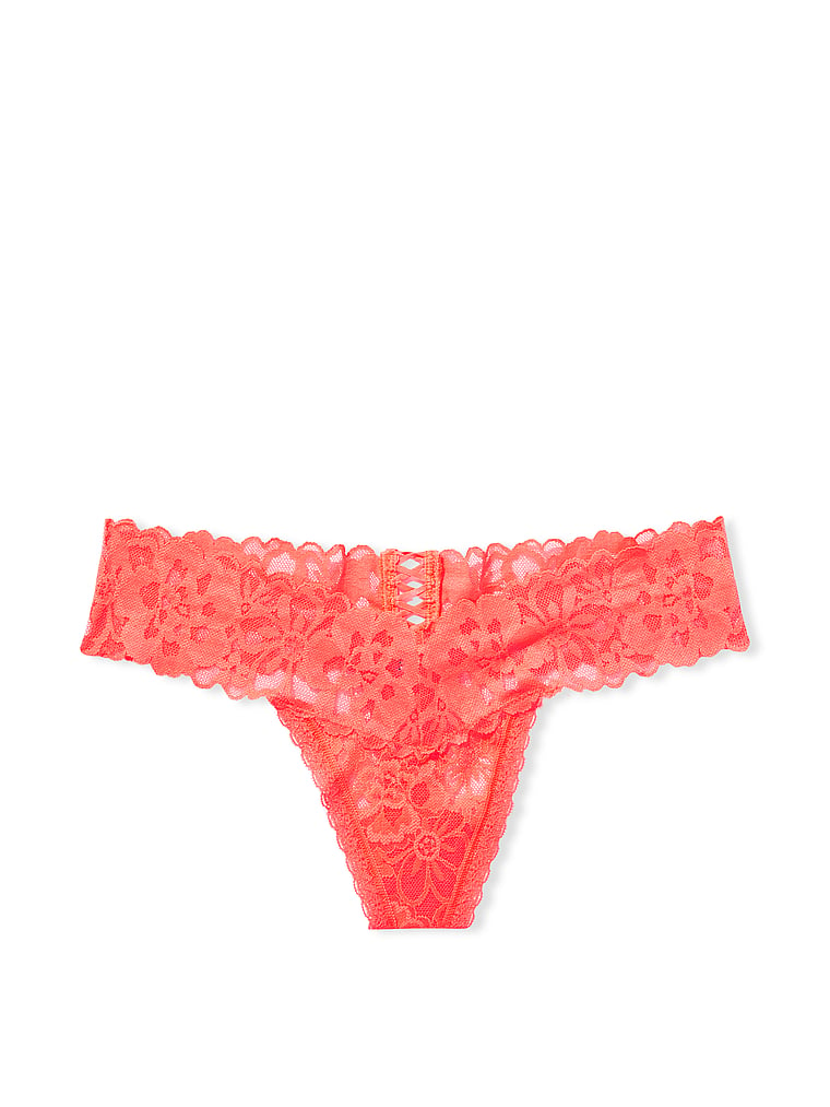 Victorias Secret The Lacie Floral Lace Up Thong Panty Coral Sand M New Package