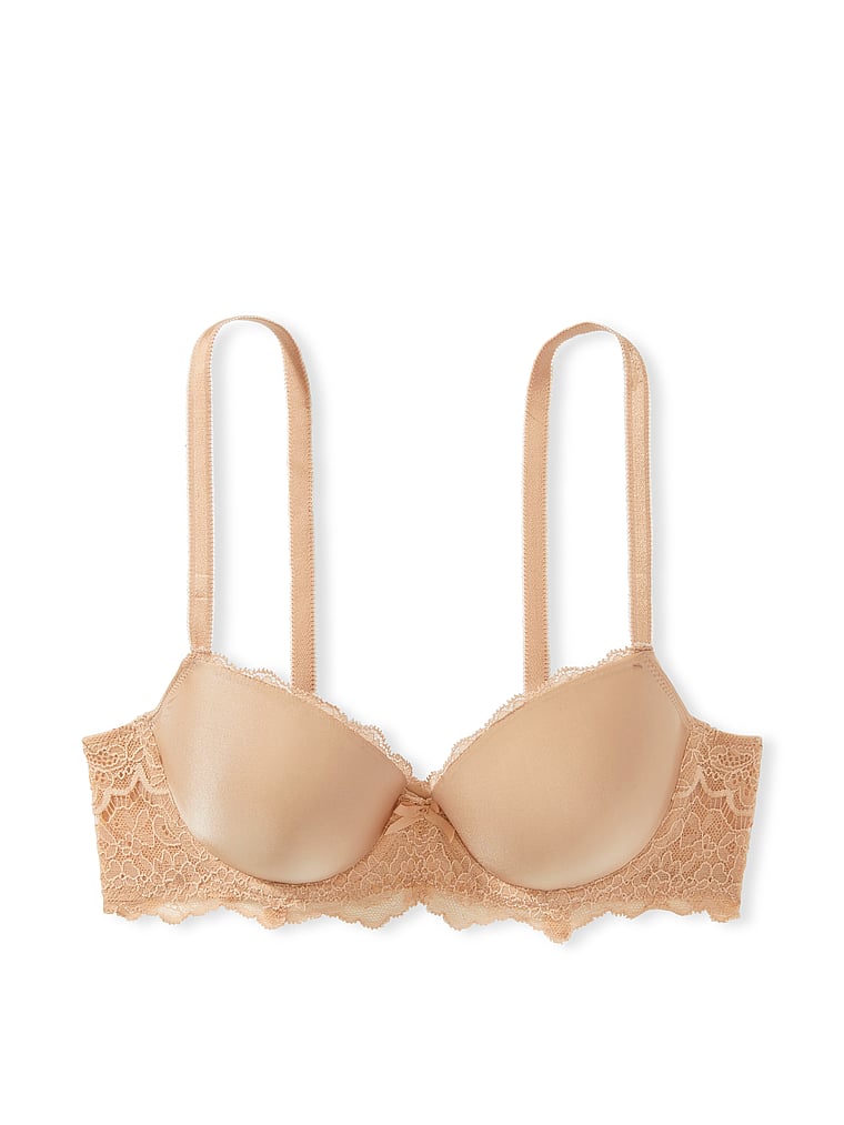 Victoria's Secret, Dream Angels Twinkle Lace Lightly Lined Demi Bra, Praline, offModelFront, 3 of 3
