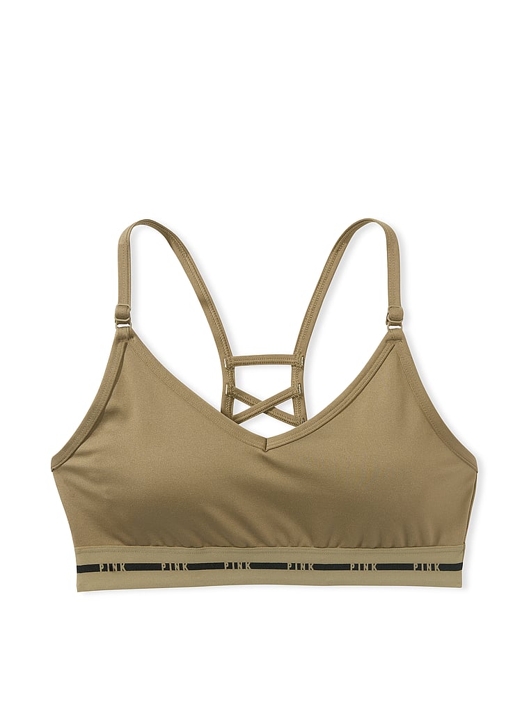 PINK Ultimate Lightly Lined Sports Bra, Dusted Olive, offModelFront, 3 of 3