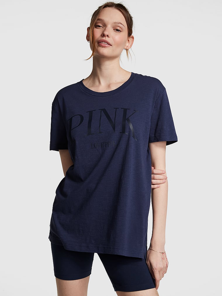 PINK Cotton Slub Short-Sleeve Campus T-Shirt, Midnight Navy, onModelFront, 1 of 4 Kjnara is 5'10" and wears Small