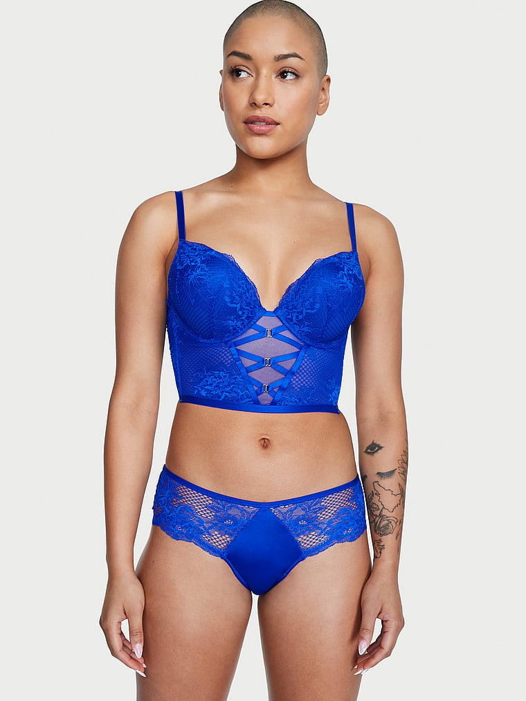 Victoria's Secret, Very Sexy Bombshell Strappy Fishnet Lace Push-Up Corset Top, Blue Oar, onModelSide, 1 of 5 Dash is 5'4" and wears 34B or Small