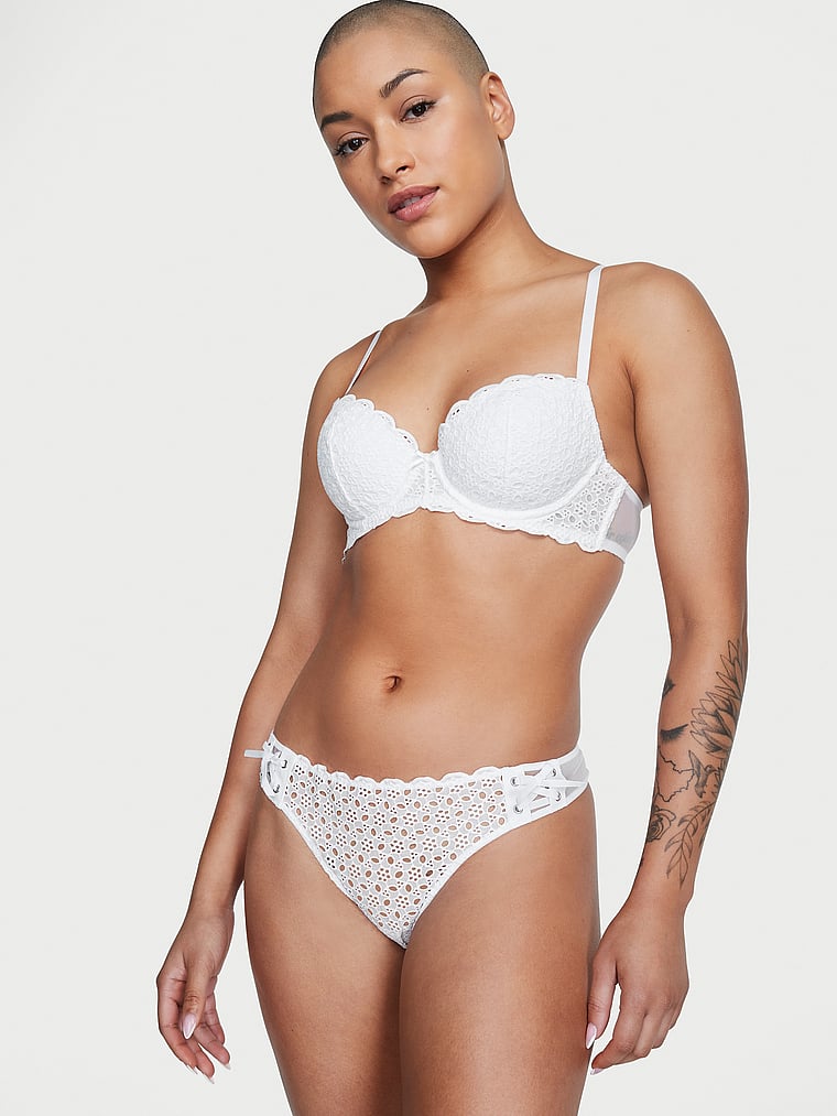 Victoria's Secret, Dream Angels Eyelet Lace-Up Thong Panty, Vs White, onModelSide, 1 of 5 Dash is 5'4" or 163cm and wears Small