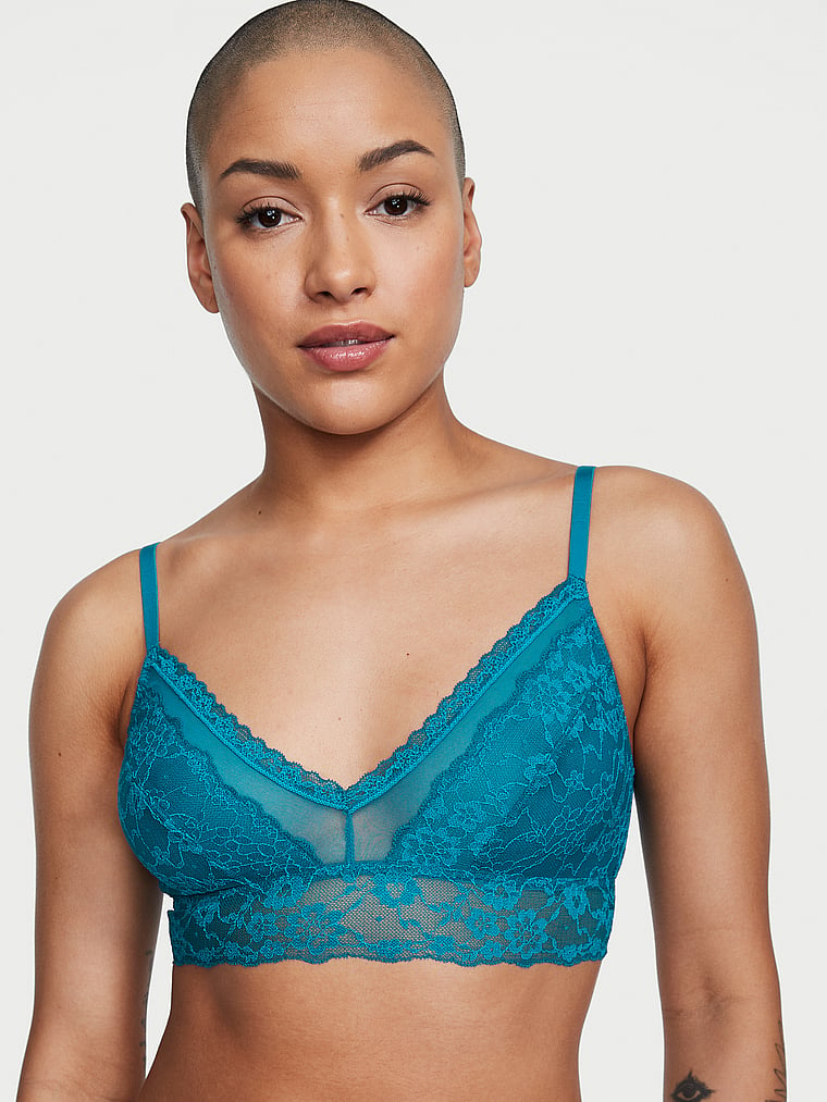 Victoria's Secret, Victoria's Secret Posey Lace Bralette, Evening Tide, onModelFront, 3 of 4 Dash is 5'4" and wears 34B or Small