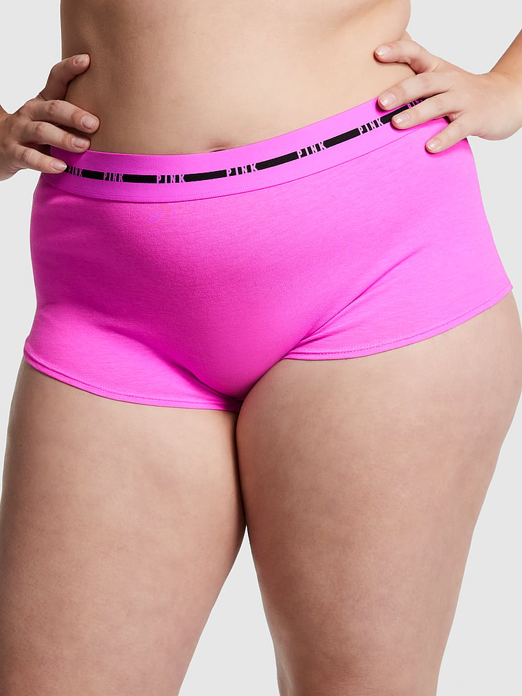 PINK Logo Boyshort Panty, Pink Berry, onModelFront, 1 of 3 Sixtine  is 5'7" and wears Large
