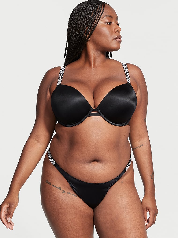 Victoria's Secret, Very Sexy Shine Strap Thong Panty, Black, onModelFront, 2 of 3 Enga is 5'7" or 170cm and wears Large