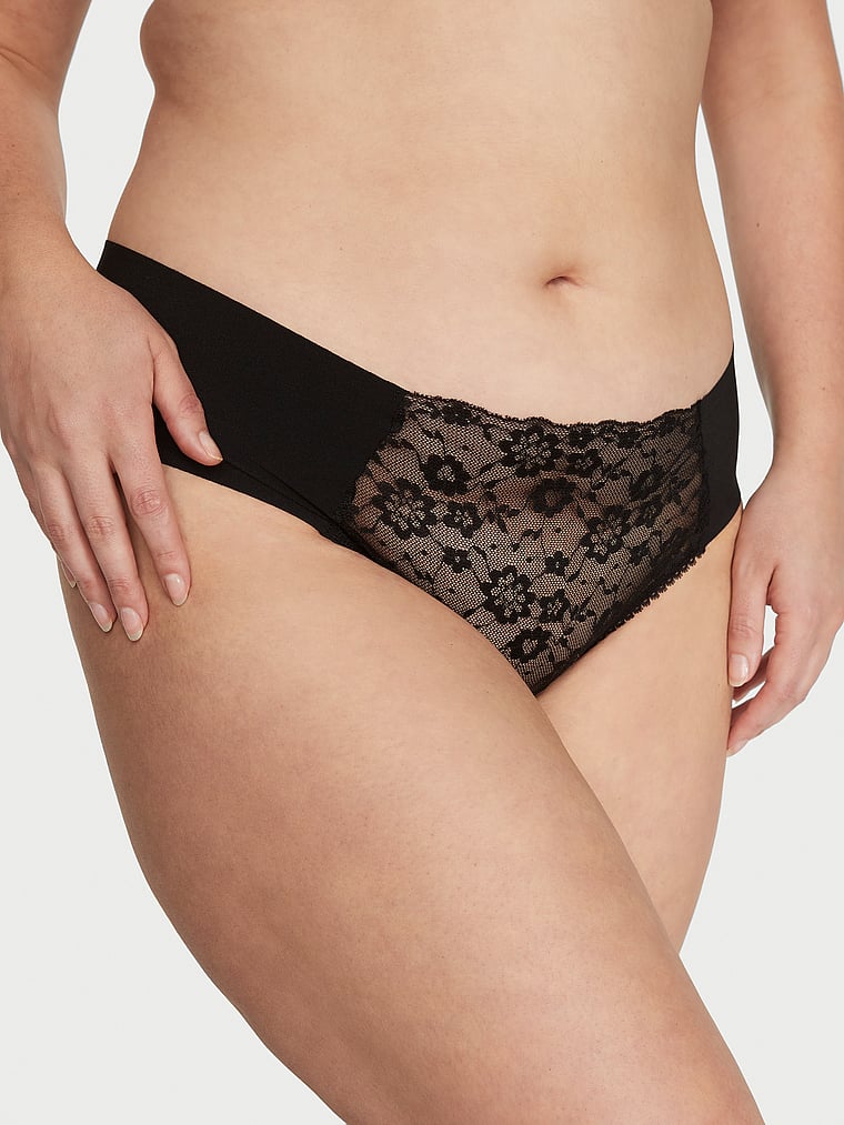 Victoria's Secret, No-Show No-Show Lace Cheeky Panty, Black, onModelFront, 1 of 3