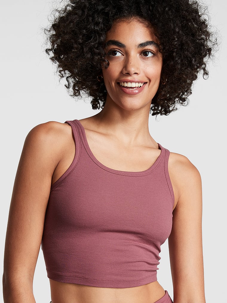 PINK new Cropped Rib Tank Top, Morning Rose, onModelFront, 1 of 5