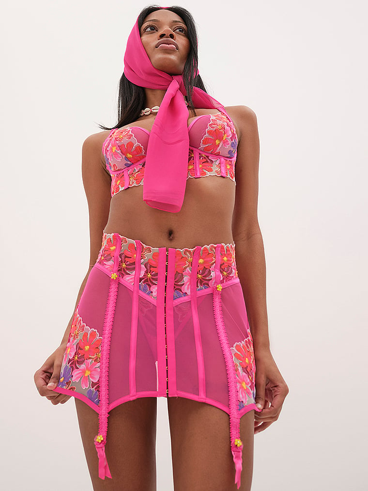 Victoria's Secret, For Love & Lemons Anemone Floral Garter Skirt, Bright Pink, onModelFront, 1 of 6