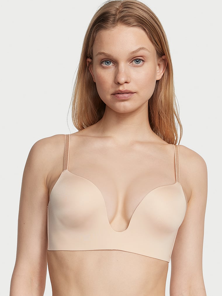 Victoria's Secret, Victoria's Secret Bare Plunge Low-Back Bra, Marzipan, onModelFront, 1 of 4 Lotta is 5'10" or 178cm and wears 34B or Small