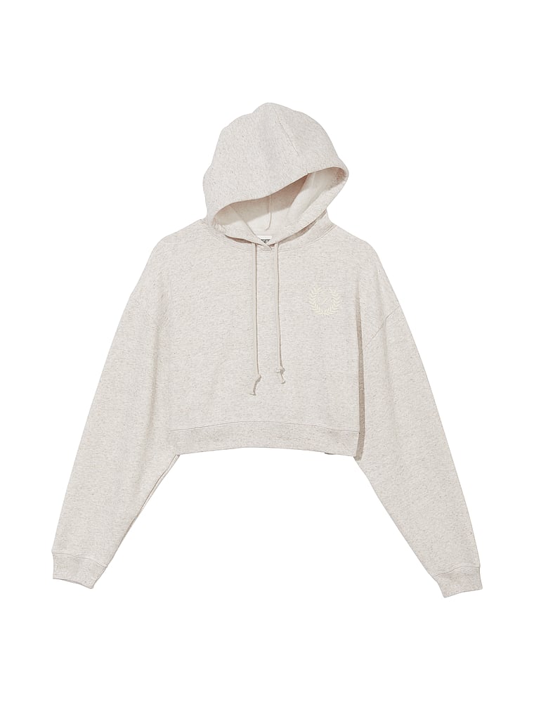 PINK Everyday Fleece Cropped Hoodie, Heather Oatmeal Beige, offModelFront, 3 of 4