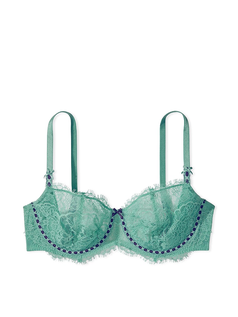 Victoria's Secret, Dream Angels Wicked Unlined Ribbon Slot Lace Balconette Bra, Parasail Teal, offModelFront, 4 of 6