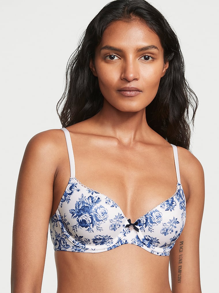 Victoria's Secret, Body by Victoria Lightly Lined Smooth Demi Bra, Coconut White Rose Toile, onModelFront, 1 of 3 Shaanti is 5'9" and wears 32B or Small