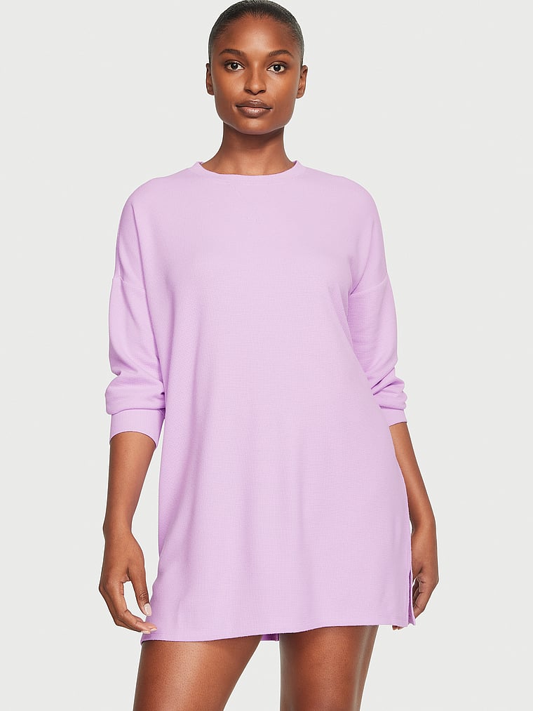 Victoria's Secret, Victoria's Secret Glow Waffle Long-Sleeve Sleepshirt, Silky Lilac, onModelFront, 1 of 3 Tsheca  is 5'9" and wears Small