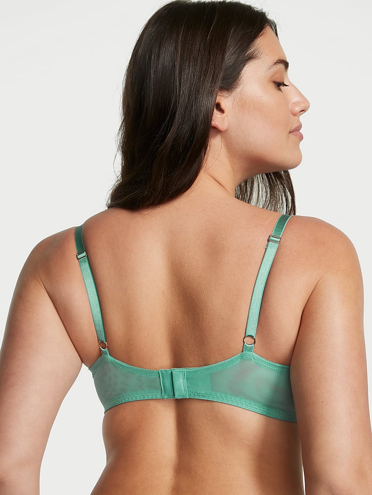 Victoria's Secret, Dream Angels Wicked Unlined Ribbon Slot Lace Balconette Bra, Parasail Teal, onModelBack, 2 of 6 Lorena is 5'9" and wears 34DD (E) or Large