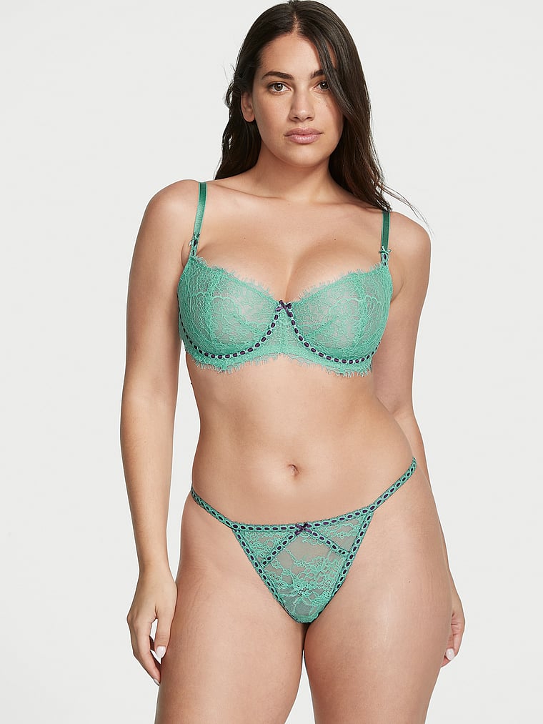 Victoria's Secret, Dream Angels Wicked Unlined Ribbon Slot Lace Balconette Bra, Parasail Teal, onModelSide, 3 of 6 Lorena is 5'9" and wears 34DD (E) or Large