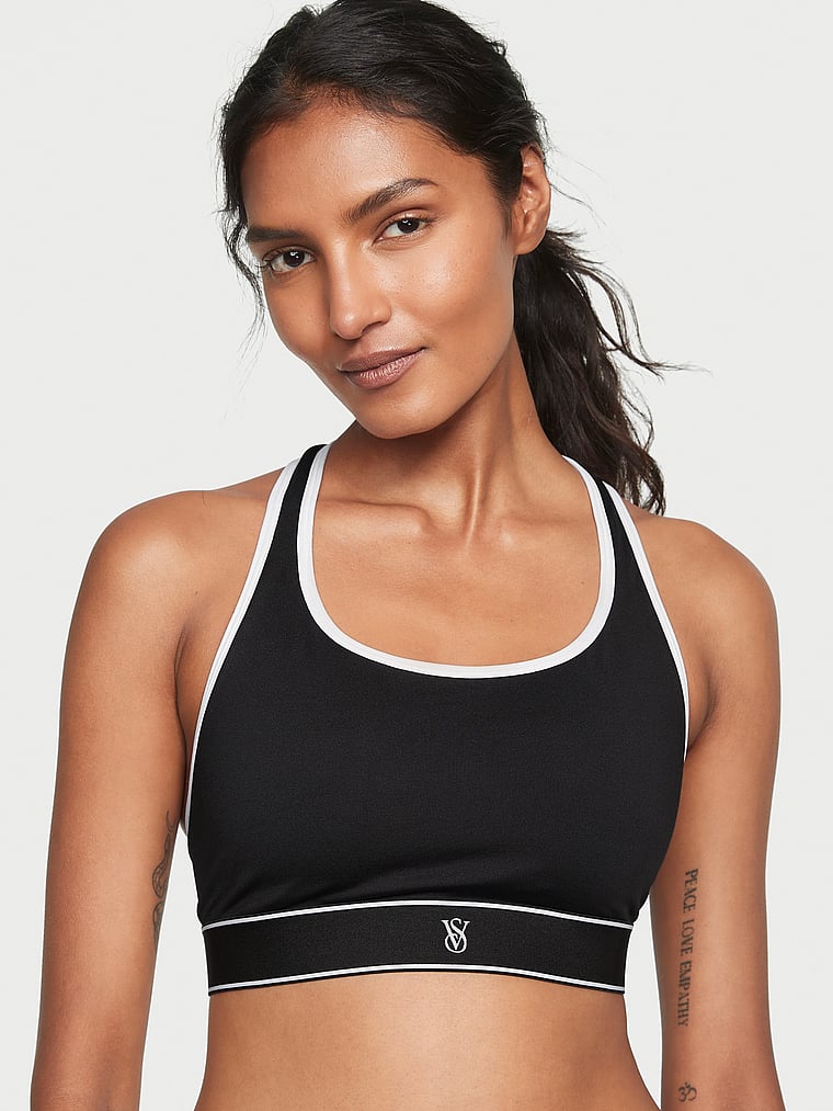 Victoria's Secret, Victoria's Secret Player Sports Bra, Black White Contrast, onModelFront, 1 of 4 Shaanti is 5'9" or 175cm and wears 32B or Small