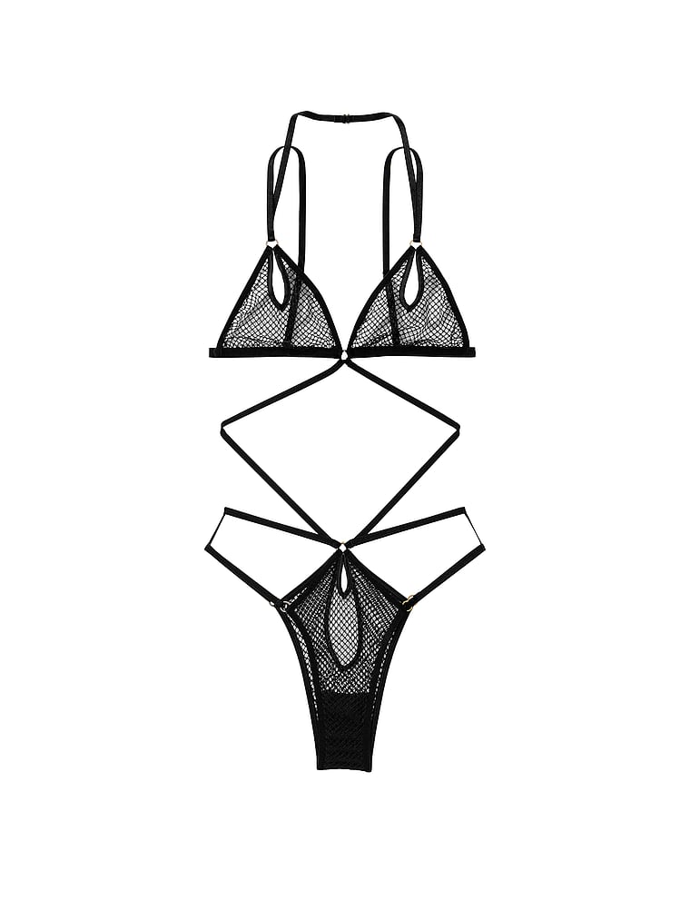 Victoria's Secret, Very Sexy Fishnet Mesh Unlined Strappy Teddy, Black, offModelFront, 3 of 3