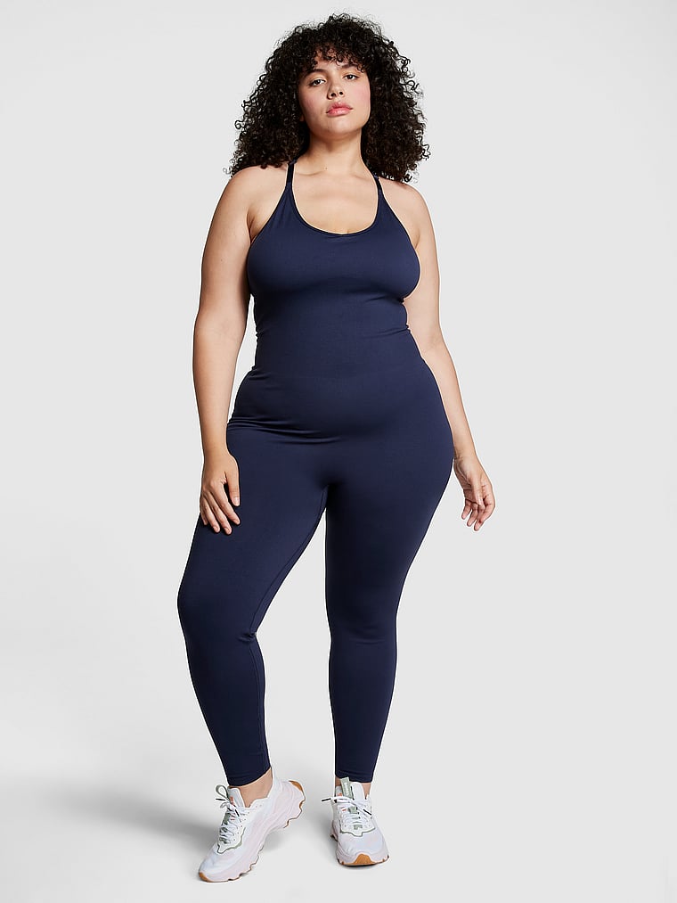 PINK Seamless Workout Onesie, Midnight Navy, onModelFront, 1 of 3 Diana is 5'8" and wears Extra Extra Large