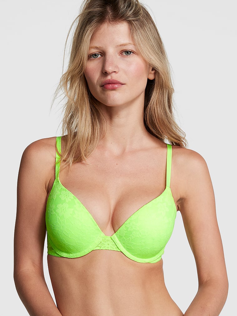PINK Wear Everywhere Wear Everywhere Push-Up Bra, Pop Lime, onModelFront, 1 of 5 Emily  is 5'7" and wears 32B or Small