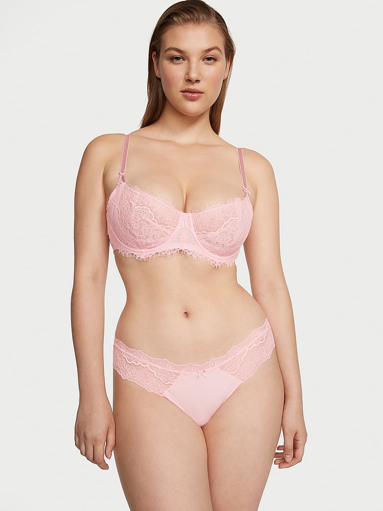Victoria's Secret, Dream Angels Wicked Unlined Smooth & Lace Balconette Bra, Pretty Blossom, onModelSide, 3 of 5