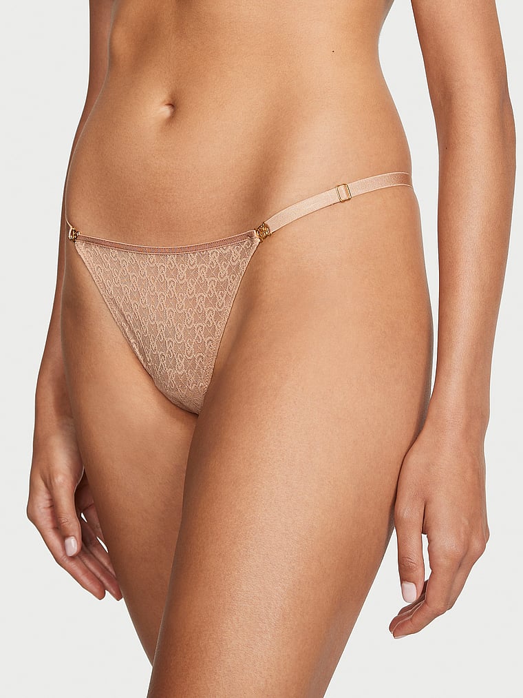 Victoria's Secret, Very Sexy Icon by Victoria's Secret Icon Lace Adjustable Thong Panty, Praline, onModelFront, 1 of 5 Madison is 5'9" or 175cm and wears Small