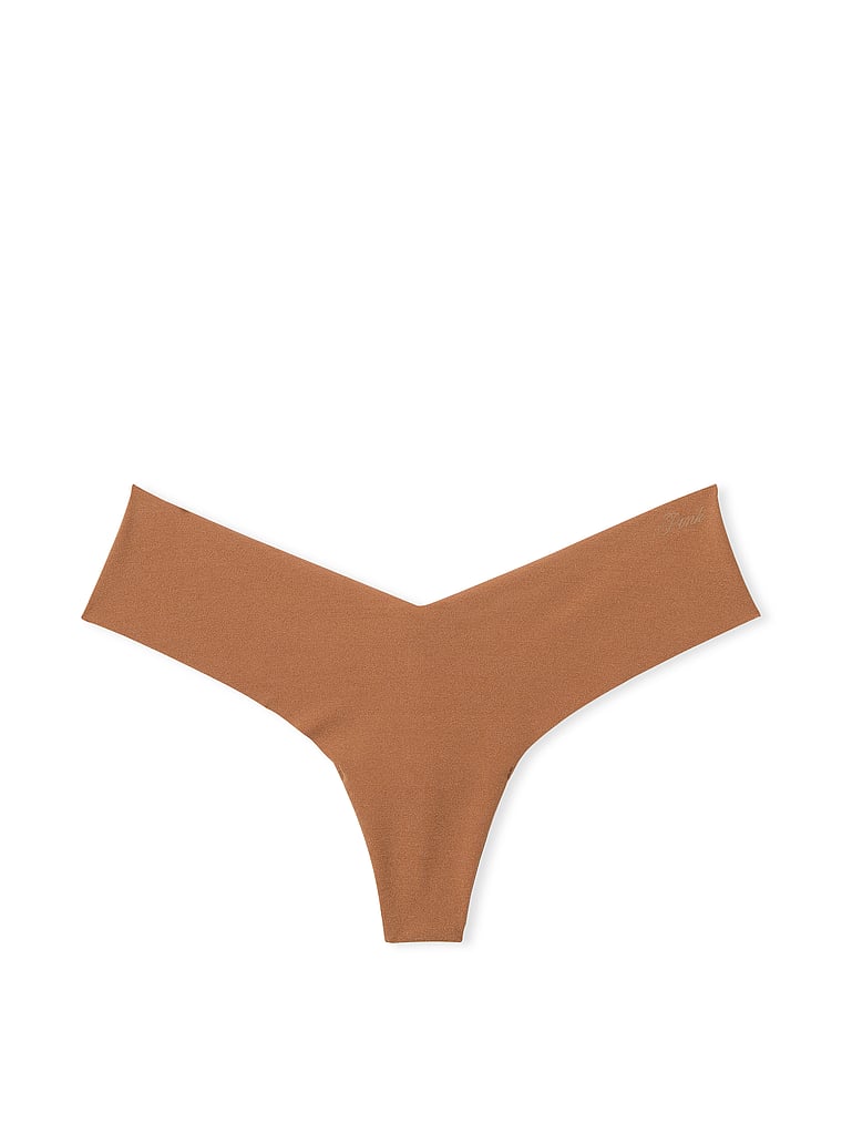 PINK No-Show High-Leg Thong Panty, Caramel, offModelFront, 3 of 3