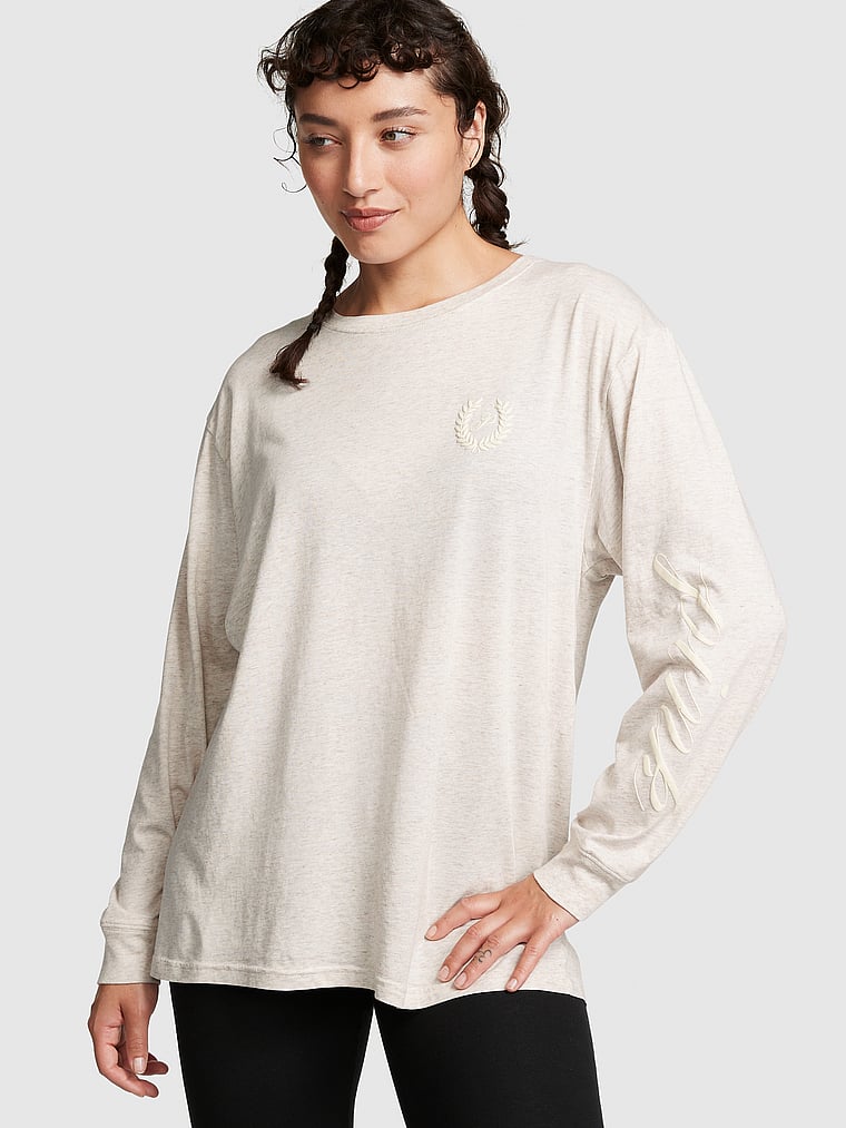 PINK Oversized Long-Sleeve Campus Tee, Heather Oatmeal Beige, onModelFront, 1 of 4 Jocelyn is 5'8" and wears Large