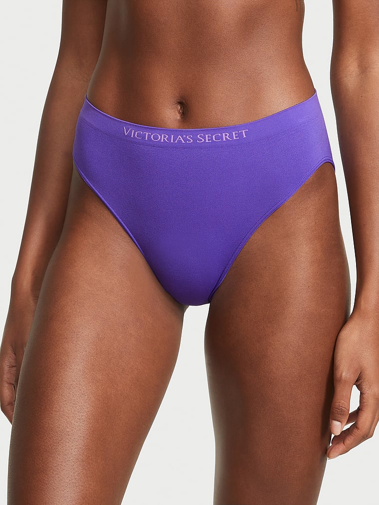 Victoria's Secret, Seamless Seamless High-Leg Brief Panty, Purple Shock, onModelFront, 1 of 3