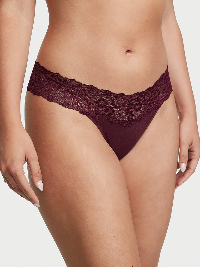 Lace-Waist Cotton Thong Panty