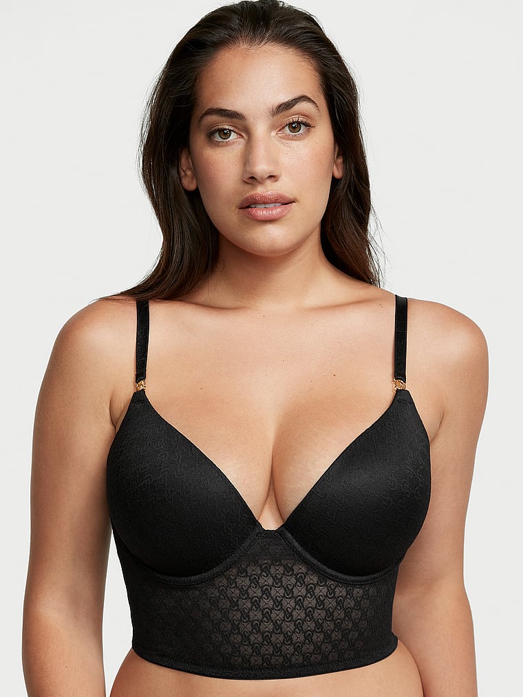 Victoria's Secret, Very Sexy Icon by Victoria's Secret Push-Up Corset Top, Black, onModelFront, 1 of 5 Lorena is 5'9" or 175cm and wears 34DD (E) or Large