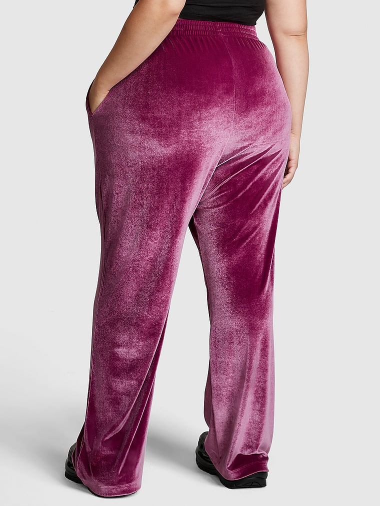PINK Velour Shine Logo Wide-Leg Pants, Vivid Magenta, onModelBack, 5 of 5 Diana is 5'8" and wears Extra Extra Large