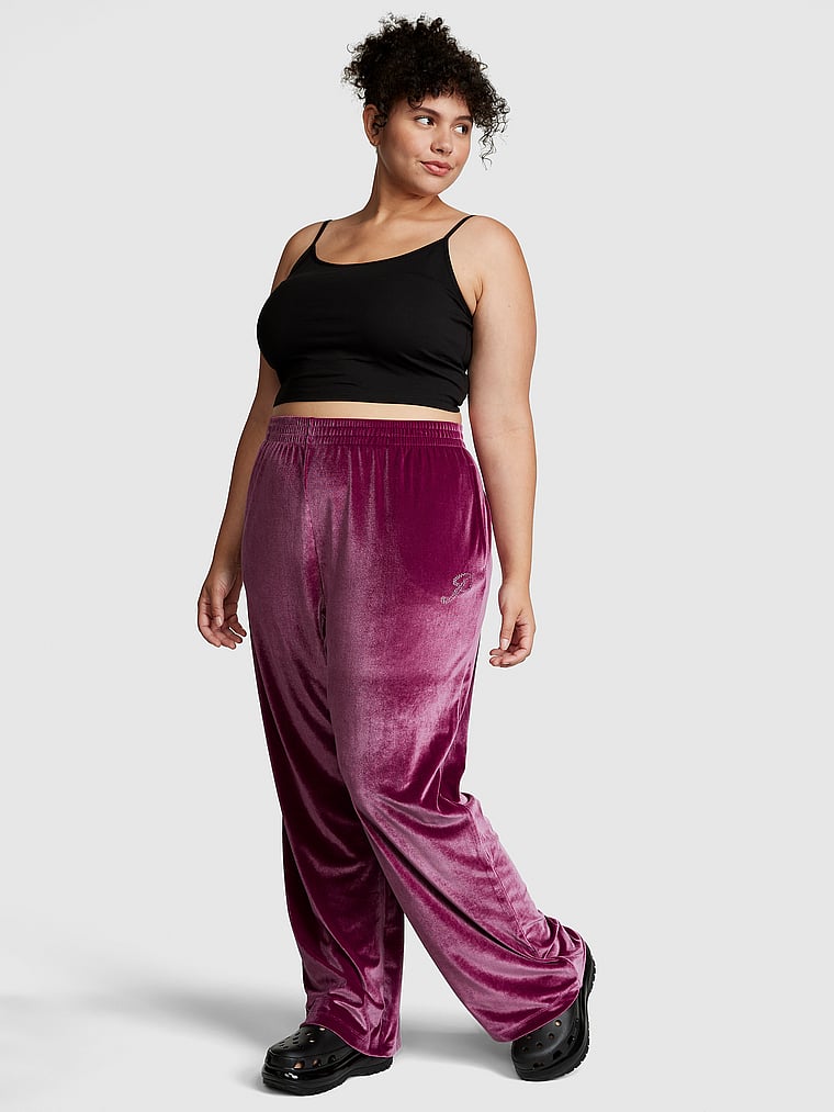 PINK Velour Shine Logo Wide-Leg Pants, Vivid Magenta, onModelFront, 4 of 5 Diana is 5'8" and wears Extra Extra Large