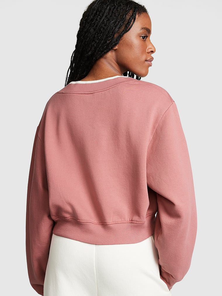 PINK Premium Fleece V-Neck Pullover, Soft Begonia, onModelBack, 2 of 4 Julia is 5'11" or 180cm and wears Small