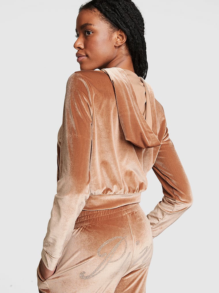 PINK Velour Shine Logo Full-Zip Crop Hoodie, Caramel Kiss, onModelBack, 5 of 5 Julia is 5'11" or 180cm and wears Small