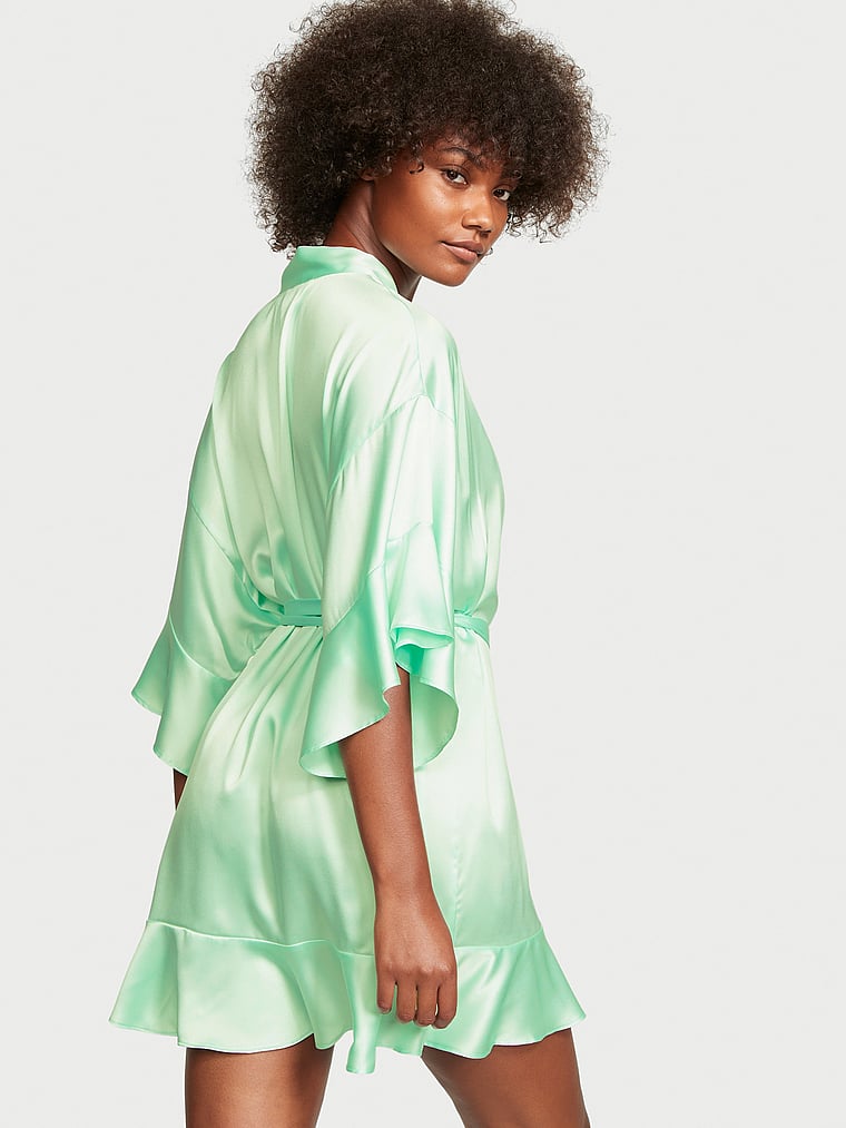 Victoria's Secret, Victoria's Secret Satin Flounce Robe, Misty Jade, onModelBack, 2 of 3 Ange-Marie is 5'10" or 178cm and wears Small
