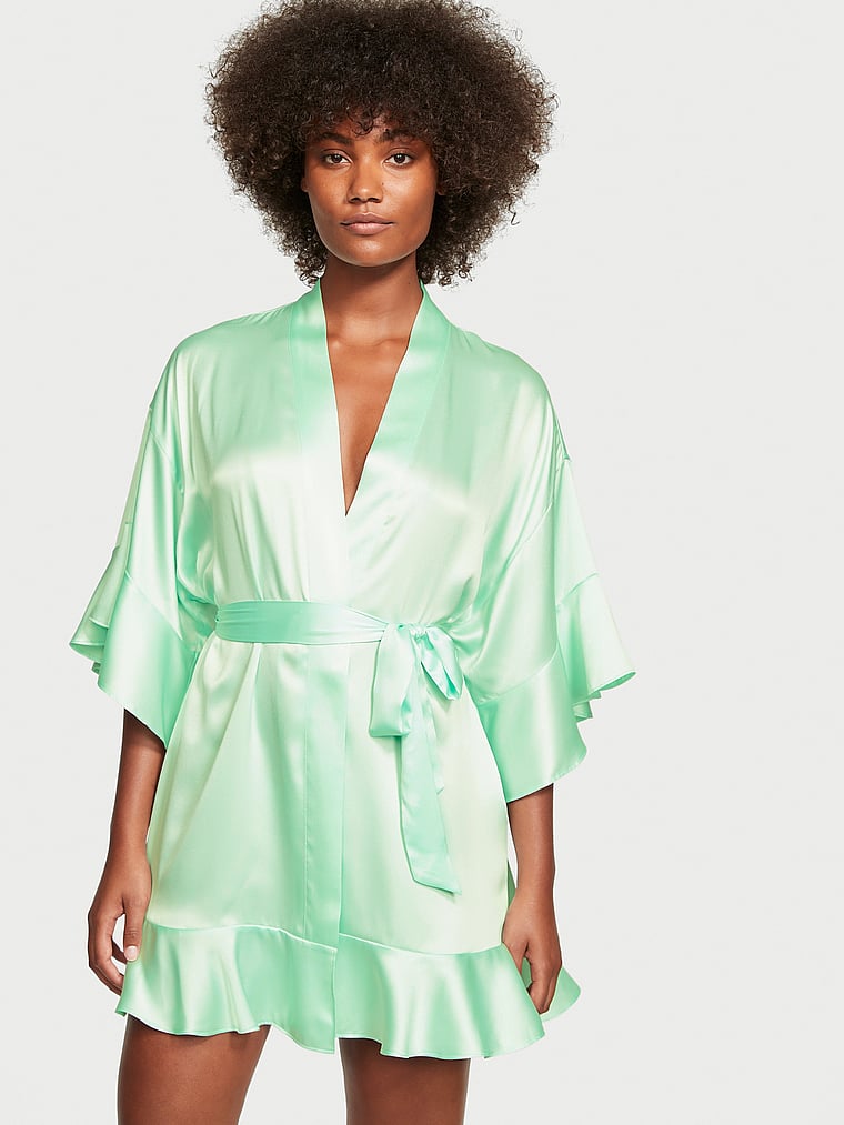 Victoria's Secret, Victoria's Secret Satin Flounce Robe, Misty Jade, onModelFront, 1 of 3 Ange-Marie is 5'10" or 178cm and wears Small