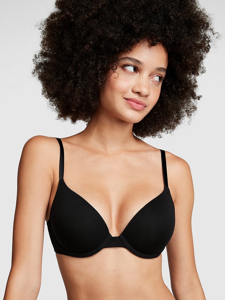 PINK Wear Everywhere Wear Everywhere Push-Up Bra, Pure Black, onModelFront, 1 of 4 Yoly  is 5'8" and wears 32B or Small