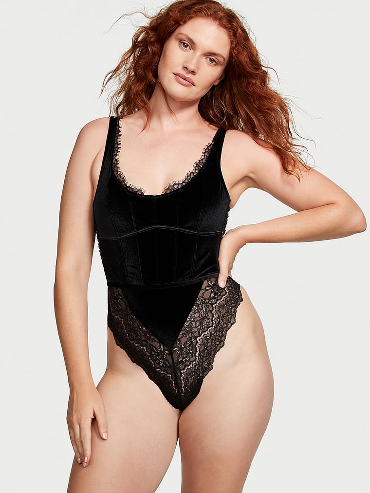 Victoria's Secret, Very Sexy Wicked Velvet Unlined Vintage Lace Corset Teddy, Black, onModelFront, 1 of 3 Katy is 5'11" and wears 36D or Large