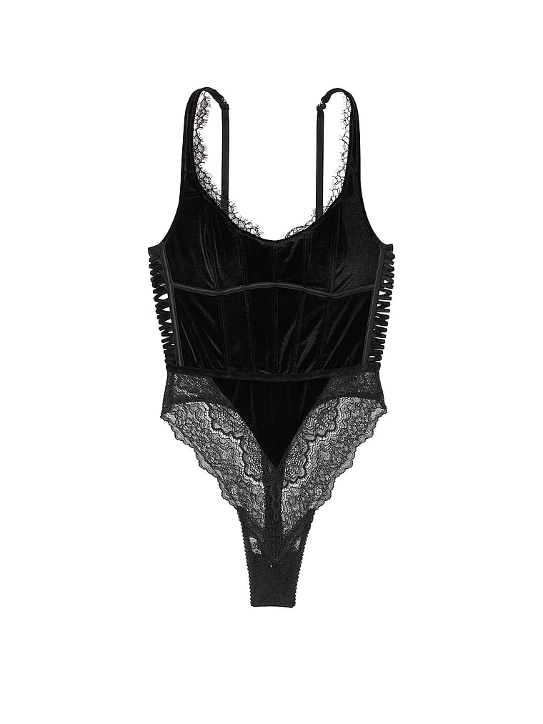 Victoria's Secret, Very Sexy Wicked Velvet Unlined Vintage Lace Corset Teddy, Black, offModelFront, 3 of 3