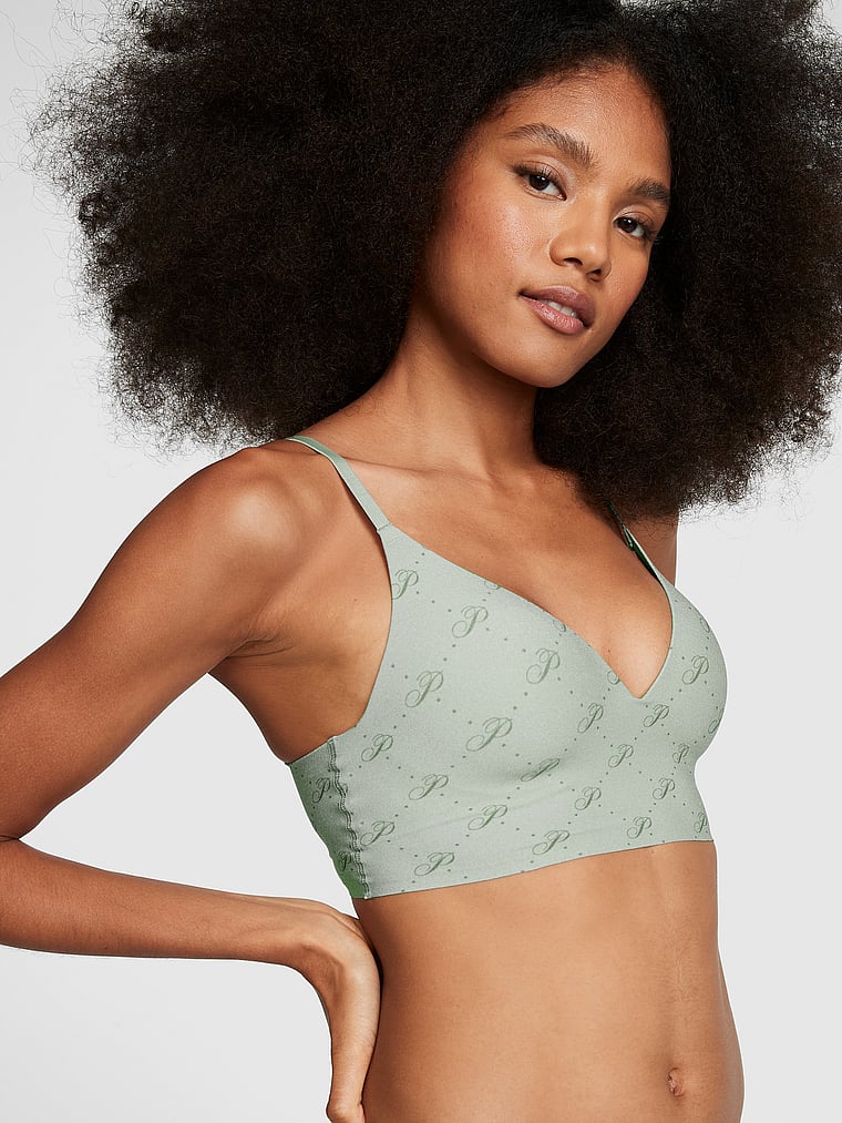 PINK Bralettes & Bra Tops Loungin' Wireless Push-Up Bra, Iceberg Green Script Print, onModelFront, 1 of 4 Serguelen is 5'10" and wears 34B or Small