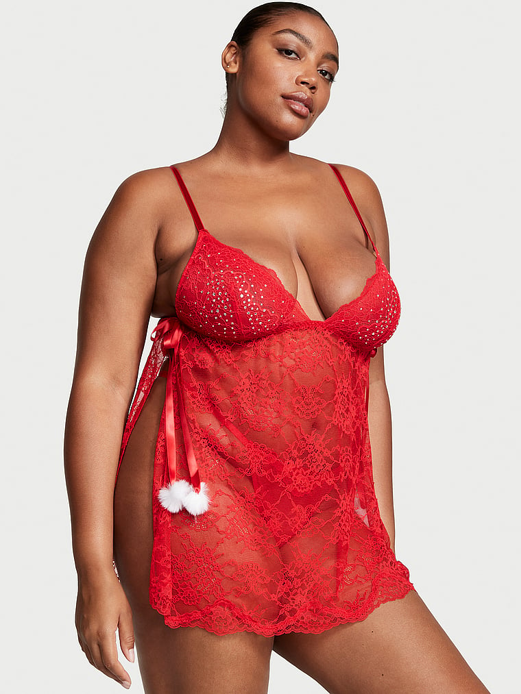 Victoria's Secret, Very Sexy Flyaway Lace Babydoll Set, Lipstick, onModelFront, 1 of 3 Brianna is 5'10" or 178cm and wears 38DD (E) or Extra Large