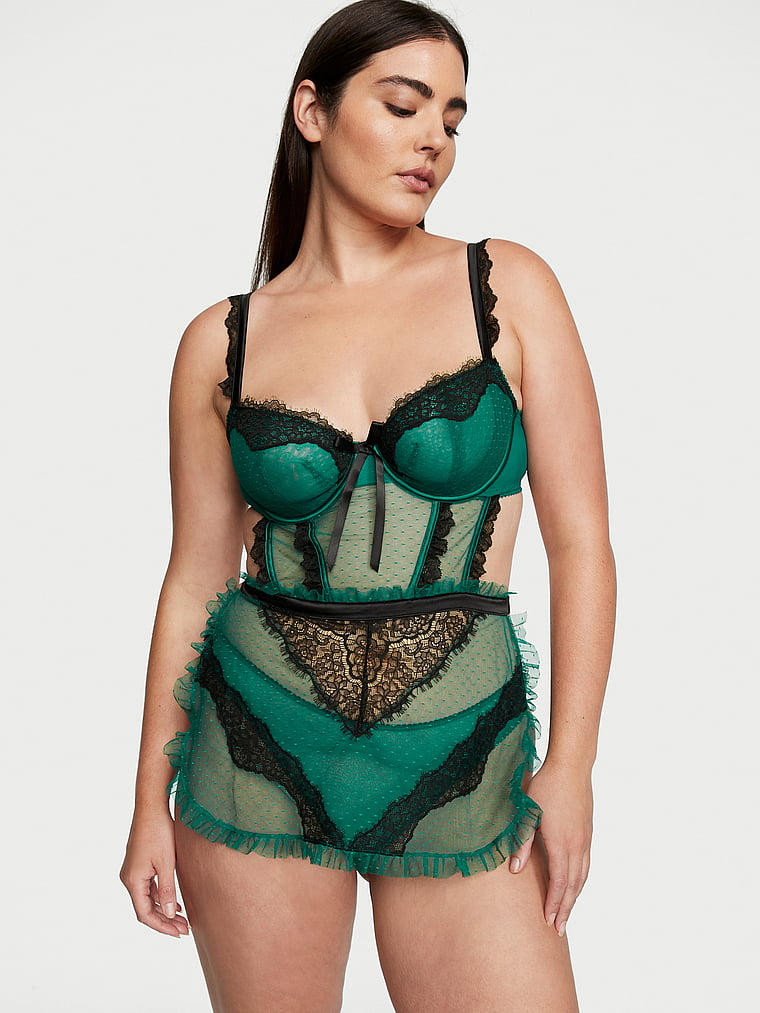 Victoria's Secret, Very Sexy Wicked Unlined Sheer Dotted Mesh Lace Apron, Spruce Green, onModelFront, 1 of 3