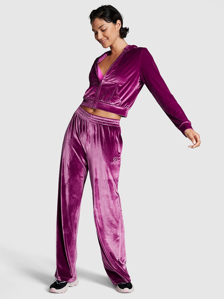 PINK Velour Shine Logo Wide-Leg Pants, Vivid Magenta, onModelSide, 1 of 5 Yared is 5'10" and wears Small