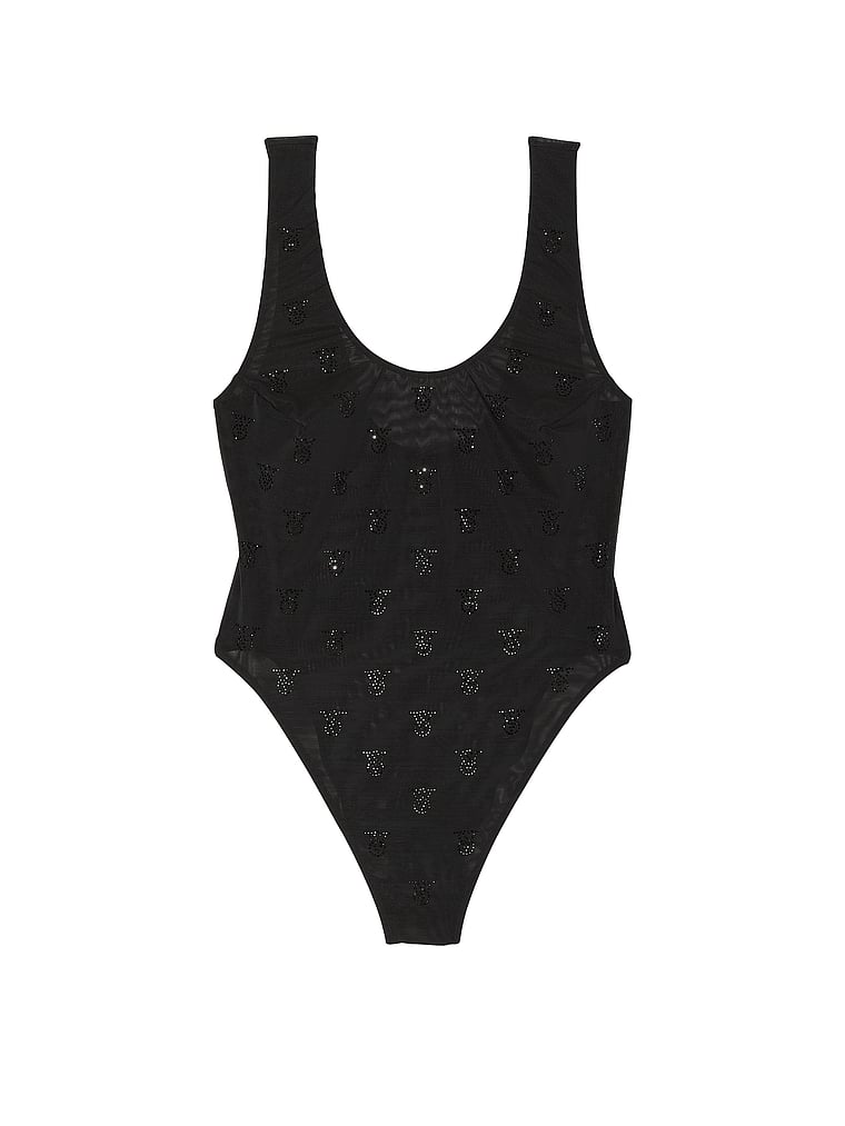 Victoria's Secret, Very Sexy Shine Mesh Sheer Tank Bodysuit, Black, offModelFront, 3 of 4