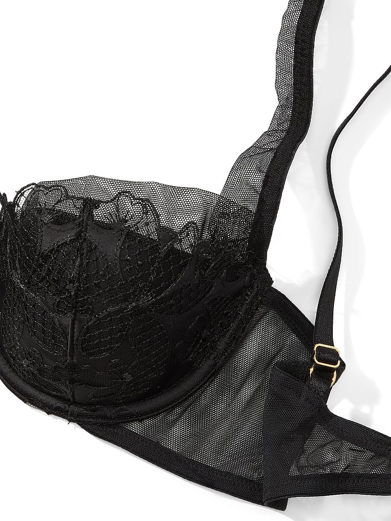 Victoria's Secret, Very Sexy Satin Ziggy Glam Floral Embroidery Lightly Lined Balconette Bra, Black, detail, 4 of 4