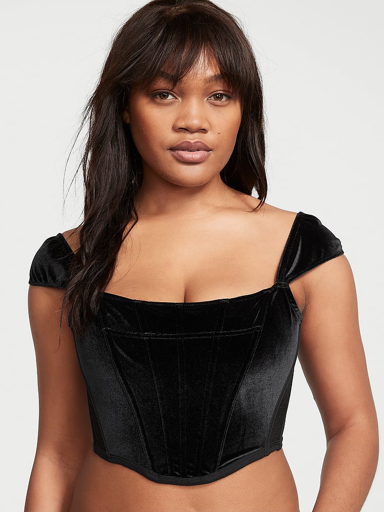 Victoria's Secret, Dream Angels Velvet Corset Top, Black, onModelFront, 1 of 4 Naae is 5'10" and wears 36D or Large