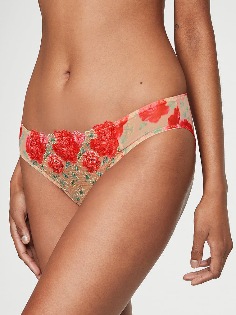 Victoria's Secret, Dream Angels Floral Embroidery Cheekini Panty, Red Embroidery, onModelFront, 1 of 5 Shaanti is 5'9" or 175cm and wears Small