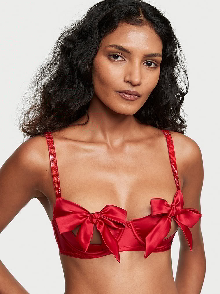 Victoria's Secret, Dream Angels Wicked Unlined Lace Balconette Bra, Lipstick, onModelFront, 3 of 5 Shaanti is 5'9" and wears 32B or Small