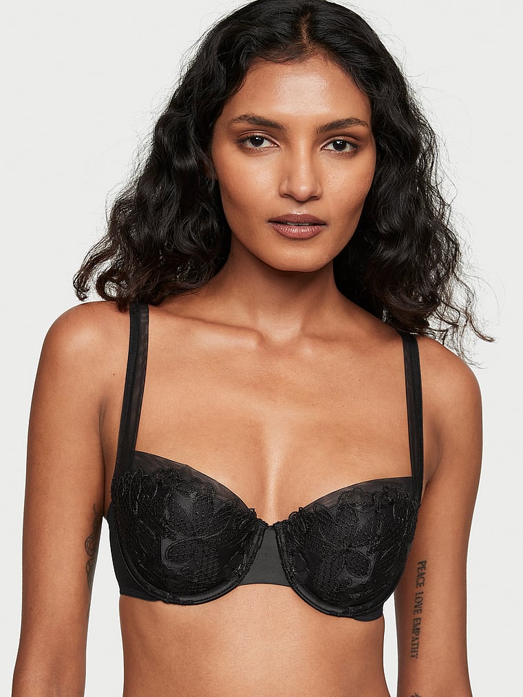 Victoria's Secret, Very Sexy Satin Ziggy Glam Floral Embroidery Lightly Lined Balconette Bra, Black, onModelFront, 1 of 4 Shaanti is 5'9" and wears 32B or Small