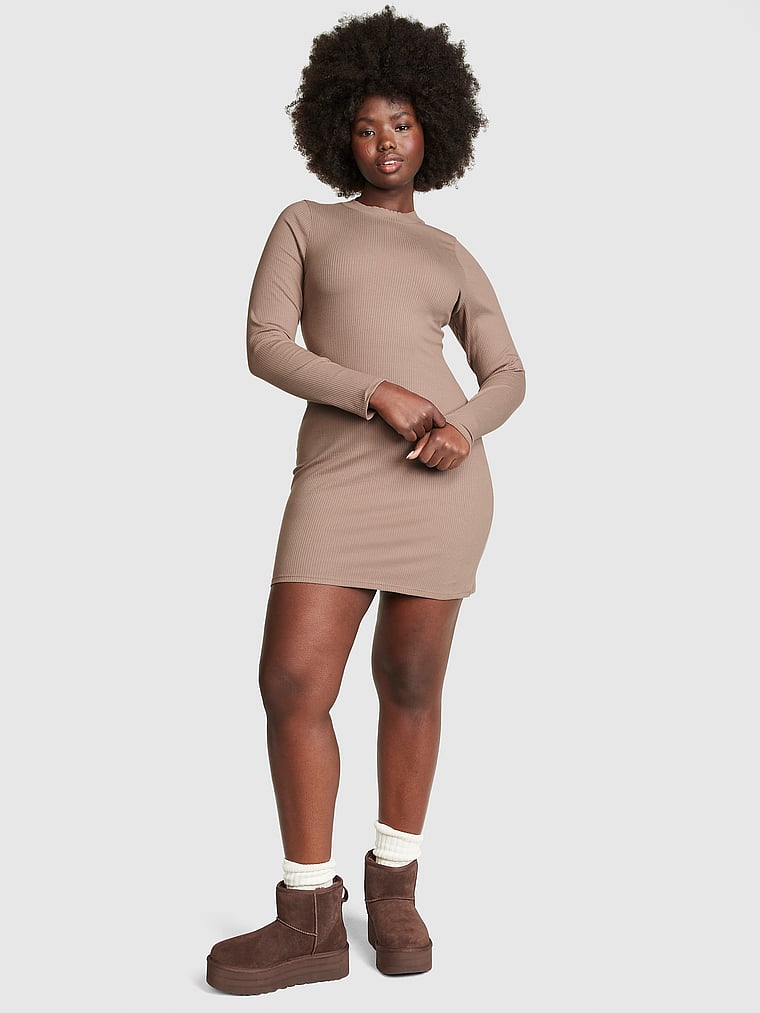 PINK Stretch Cotton Long-Sleeve Mock-Neck Dress, Iced Coffee, onModelFront, 1 of 3 Fanta is 5'11" and wears 34D or Medium